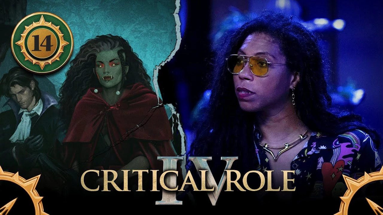 Thumbnail for Critical Role IV episode 14. A split image having the effect of cracked plaster, with art of Thaisha and Occtis on the left and a photo of Aabria on the right. Thaisha sits astride a black horse, a red traveling cloak around her shoulders. Her long black curly hair, streaked with gray, drapes past her shoulders. A single braid hangs from her left temple past her chin. Her eyes, surrounded in red makeup, glow yellow. There is a notch in her left eyebrow, a ring in her nose, and a stud on her lower lip. Two small fangs stick upwards from her lower jaw. Occtis sits near her, seemingly on another horse. He wears a high collared black and purple jacket, white ascot, and black clothes. He massages his right wrist. Aabria looks to her right, a calm but defiant expression on her face. She wears yellow-tinted glasses, a gold chain earring, and a golden necklace. Her blouse is covered in images of hearts, stars, and rainbows.
