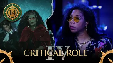 Thumbnail for Critical Role IV episode 14. A split image having the effect of cracked plaster, with art of Thaisha and Occtis on the left and a photo of Aabria on the right. Thaisha sits astride a black horse, a red traveling cloak around her shoulders. Her long black curly hair, streaked with gray, drapes past her shoulders. A single braid hangs from her left temple past her chin. Her eyes, surrounded in red makeup, glow yellow. There is a notch in her left eyebrow, a ring in her nose, and a stud on her lower lip. Two small fangs stick upwards from her lower jaw. Occtis sits near her, seemingly on another horse. He wears a high collared black and purple jacket, white ascot, and black clothes. He massages his right wrist. Aabria looks to her right, a calm but defiant expression on her face. She wears yellow-tinted glasses, a gold chain earring, and a golden necklace. Her blouse is covered in images of hearts, stars, and rainbows.