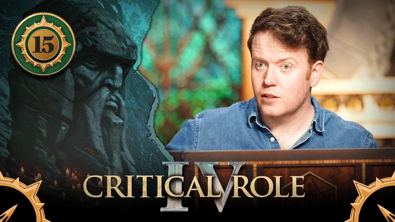 Thumbnail for Critical Role IV episode 15. A split image having the effect of cracked plaster, with art of a stone, bearded face on the left and a photo of Brennan on the right. On the left, the massive, stoic, serious face is carved into the side of a rock wall. Its features are rough, with a prominant nose and eyes staring forward over a long drooping mustache. A number of lit candles are placed on the ground at the base of the stone face. On the right, Brennan stares out from behind his DM screen, a look of calm forboding on his face. He wears a denim button-up shirt, with the top few buttons undone.