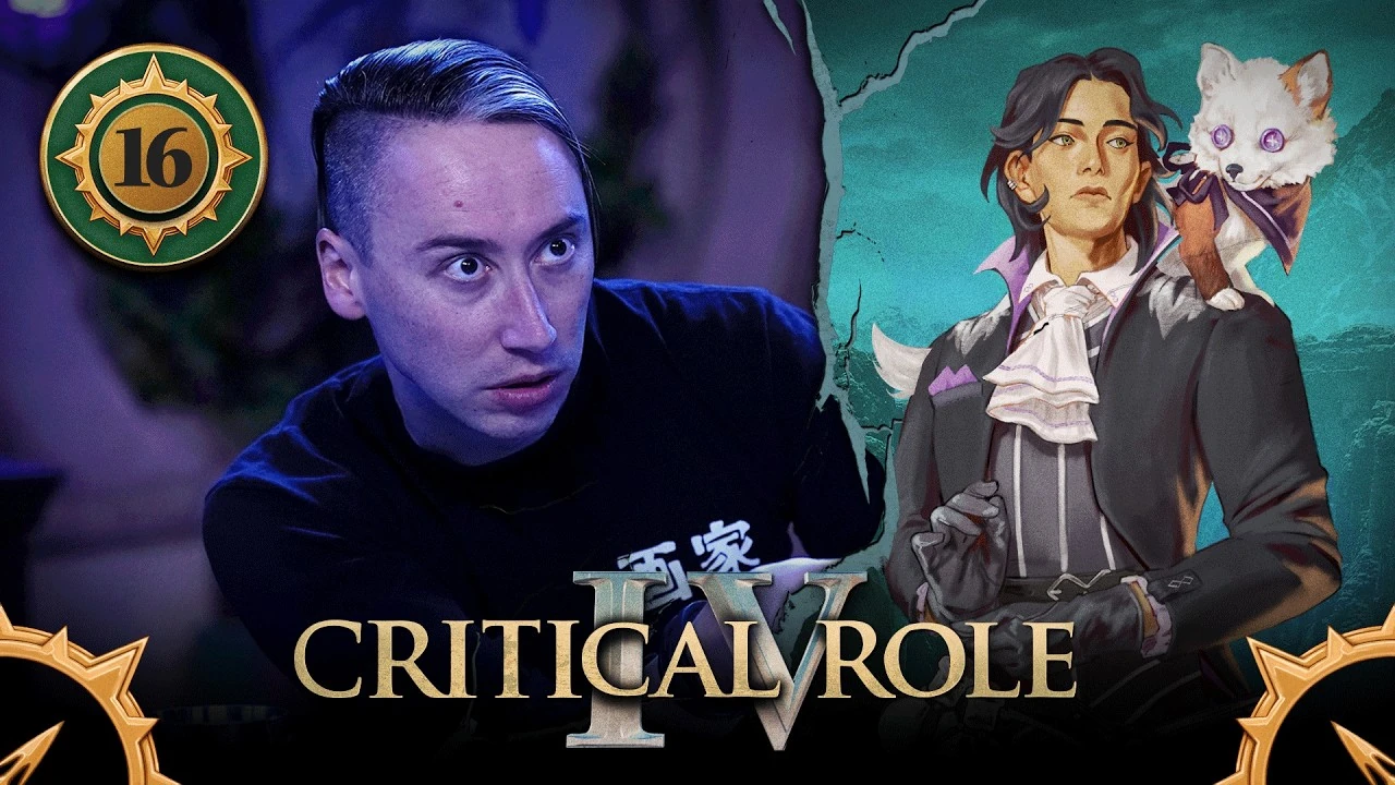 Thumbnail for Critical Role IV episode 16. A split image having the effect of cracked plaster, with a photo of Alexander on the left and character art of Occtis on the right. Alexander leans forward at the table, looking wide-eyed, surprised and scared. Occtis is a tan-skinned human with a gaunt face, bright green eyes, and short black hair that curls back around his ears. He wears an aristocratic outfit, including a black jacket with high purple collar and pocket square, a large white ascot, and black leather gloves. A fluffy white fox with purple button eyes, an orange left ear, an orange right front leg, and a purple bow around its neck stands on his shoulder. He looks wistfully off into the distance.