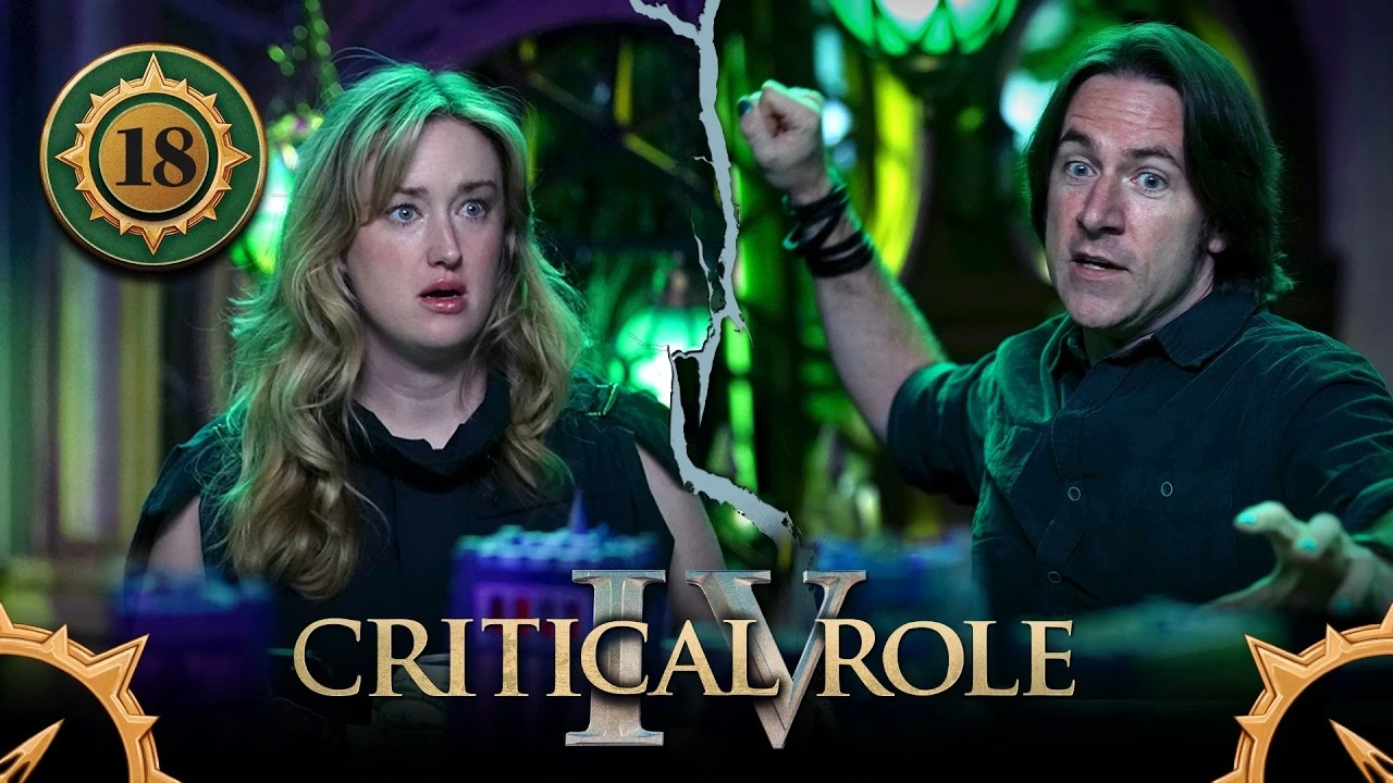 Thumbnail for Critical Role IV episode 18. A split image having the effect of cracked plaster, with a photo of Ashley on the left and a photo of Matt on the right, both sitting at the table. Ashley looks astonished, staring forward in surprise and fear. Matt mimicks swinging a weapon, his right arm raised and left hand reaching forward, eyes wide in concentration.