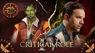 Thumbnail for Critical Role IV episode 20, with a red emblem around the episode number and birds in the bottom corners. A split image having the effect of cracked plaster, with character art of Halandil on the left and a photo of Liam on the right. Liam leans forward at the table, looking very worried. He wears a denim jacket with a blue, red, and yellow patch on the shoulder. On the left, Halandil is a bright-green-skinned orc with black hair and beard, shot through with streaks of white. He wears a colorful orange and white jacket with bright yellow shoulder pads and designs resembling wheat running up the front. Underneath is a white collared shirt open to reveal his upper chest. He looks directly at the viewer, a slightly sad expression on his face.