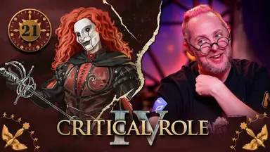 Thumbnail for Critical Role IV episode 21, with a red emblem around the episode number and birds in the bottom corners. A split image having the effect of cracked plaster, with character art of Bolaire on the left and a photo of Taliesin on the right. Taliesin sits at the table, smiling mischievously and leaning forward. He tilts his head and peers over his round glasses. On the left, Bolaire is an elf wearing a paper-white porcelain mask with dark lips and lines resembling tears running down from the eyes. He has long, voluminous, curly red hair reaching past his shoulders. He wears a red ornate leather vest buckled over black pants and poofy sleeves. He holds a silver rapier in his right hand. He seems to look directly at the viewer with the dots of blue light at the center of his black eyes.