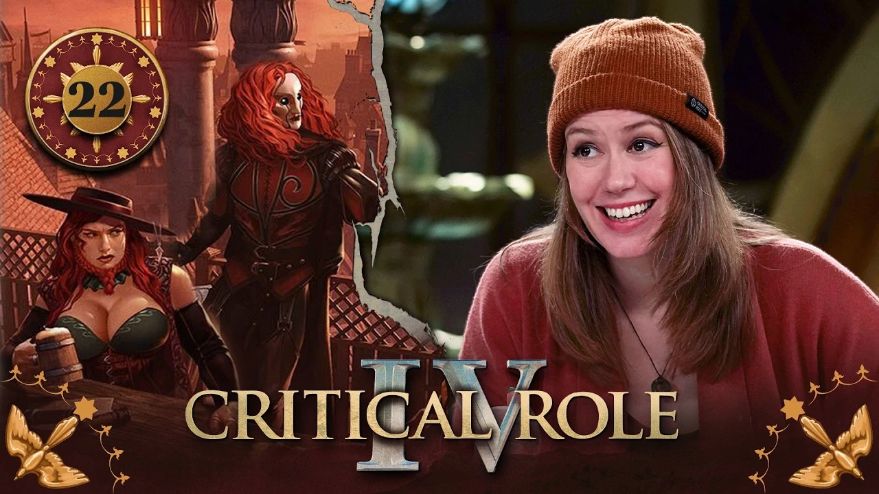 Thumbnail for Critical Role IV episode 22, with a red emblem around the episode number and birds in the bottom corners. A split image having the effect of cracked plaster, with art of Murray and Bolaire on the left and a photo of Marisha on the right. Murray and Bolaire are on a balcony. Murray sits down at a table holding a tankard, looking to the side and glaring. Bolaire leans against the railing of the balcony, looking to the side, hair blowing in the breeze. The skyline of Dol-Makjar is visible behind them. Marisha smiles widely, leaning forward at the table. She wears an orange beanie and a red cardigan.