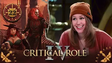 Thumbnail for Critical Role IV episode 22, with a red emblem around the episode number and birds in the bottom corners. A split image having the effect of cracked plaster, with art of Murray and Bolaire on the left and a photo of Marisha on the right. Murray and Bolaire are on a balcony. Murray sits down at a table holding a wooden tankard, looking to the side and glaring. Bolaire leans against the railing of the balcony, looking to the side, hair blowing in the breeze. The skyline of Dol-Makjar is visible behind them. Marisha smiles widely, leaning forward at the table. She wears an orange beanie and a red cardigan.