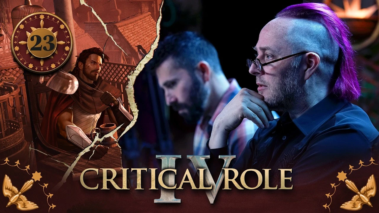 Thumbnail for Critical Role IV episode 23, with a red emblem around the episode number and birds in the bottom corners. A split image having the effect of cracked plaster, with art of Azune on the left and a photo of Taliesin and Luis on the right. Azune sits on a balcony, a wooden tankard on the table in front of him. He looks forward seriously, yanking on his necklace with his left hand, his right hand clenched into a fist on the table. The skyline of Dol-Makjar is visible over the balcony behind him. Taliesin and Luis sit at the Critical Role table. Taliesin looks thoughtful, his hand on his chin. Luis looks down, concentrating on something in front of him.