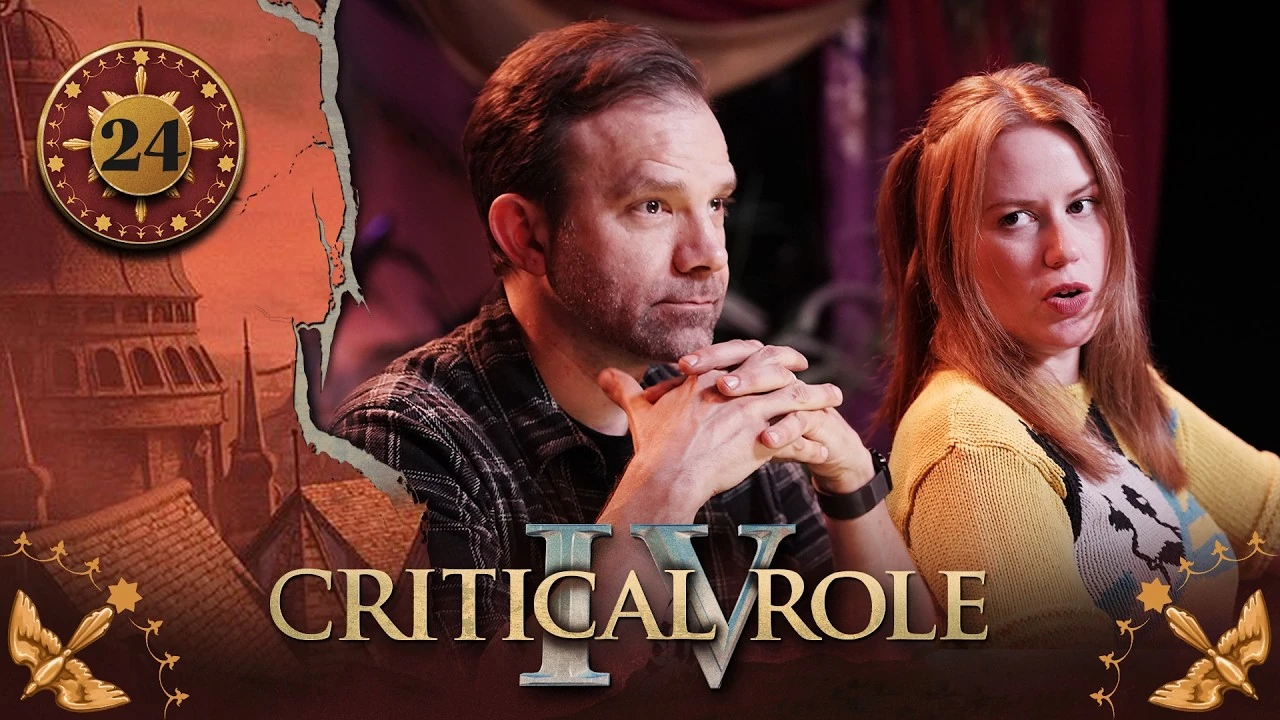 Thumbnail for Critical Role IV episode 24, with a red emblem around the episode number and birds in the bottom corners. A split image having the effect of cracked plaster, with art of a city skyline on the left and a photo of Liam and Marisha on the right. The skyline is tinted in red. A few low slatted rooves sit beneath a large domed tower, with pointed spires surrounding it. The tower itself is wide, with open windows running in a circle around its circumference. Liam and Marisha sit at the Critical Role table. Liam’s fingers are interlaced in front of him, his face looking slightly shell-shocked. Marisha looks at him, some worry on her face.