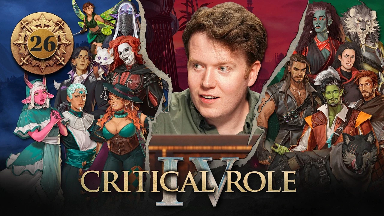 Thumbnail for Critical Role IV episode 26, with a gold emblem around the episode number. A split image having the effect of cracked plaster, with a photo of Brennan in the middle and art of all characters to the left and right. On the left is Thimble, Vaelus, Occtis with Pin on his shoulder, Bolaire, Tyranny, Wicander, and Murray. On the right is Thaisha, Teor, Kattigan, Julien, Halandil, Azune, and Wulferic. In the middle, Brennan sits behind his DM screen, smiling slightly, a devious glint in his eyes.