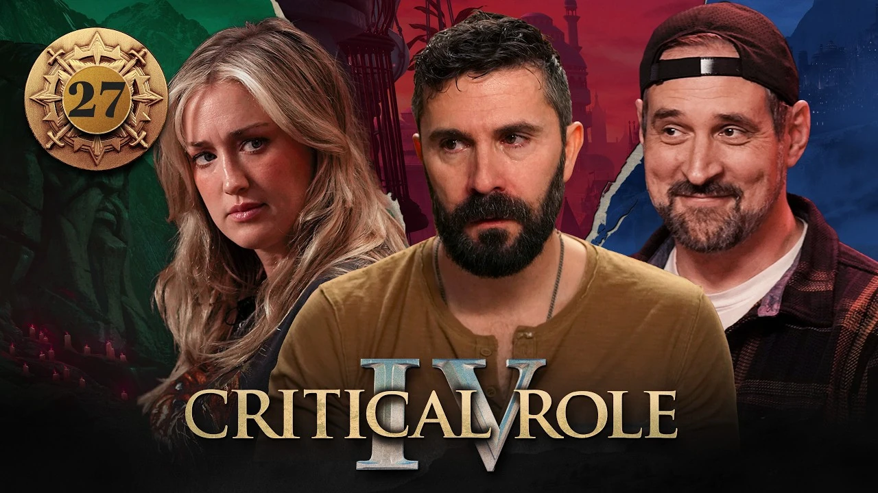 Thumbnail for Critical Role IV episode 27, with a gold emblem around the episode number. A split image having the effect of cracked plaster, with photos of Ashley, Luis, and Travis from left to right. The photos have had their backgrounds cut out, and behind them from left to right is artwork of a green-tinted stone bearded face, the red-tinted skyline of Dol-Makjar, and a blue-tinted misty city from a distance. Ashley looks to her left, stern worry on her face. Luis looks forward, his eyes welling with tears. Travis smiles goofily, trying to restrain his grin.