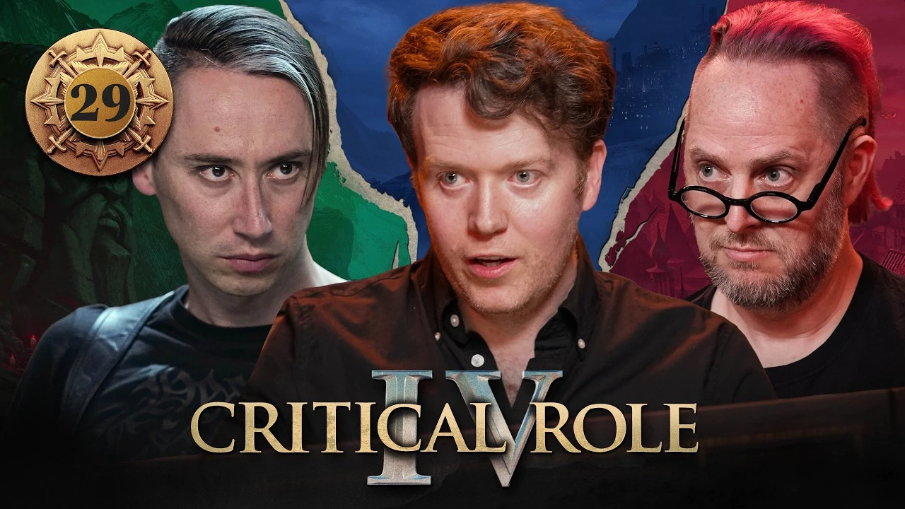 Thumbnail for Critical Role IV episode 29, with a gold emblem around the episode number. A split image having the effect of cracked plaster, with photos of Alexander, Brennan, and Taliesin from left to right. The photos have had their backgrounds cut out, and behind them from left to right is artwork of a green-tinted stone bearded face, a blue-tinted misty city from a distance, and the red-tinted skyline of Dol-Makjar. Alexander looks focused, staring intensely forward. Brennan speaks, head tilted slightly forward menacingly. Taliesin listens seriously, staring over the tops of his glasses.