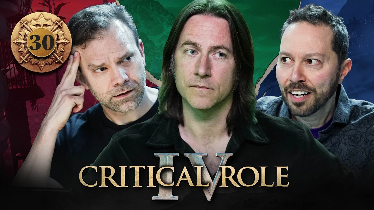 Thumbnail for Critical Role IV episode 30, with a gold emblem around the episode number. A split image having the effect of cracked plaster, with photos of Liam, Matt, and Sam from left to right. The photos have had their backgrounds cut out, and behind them from left to right is artwork of the red-tinted skyline of Dol-Makjar, a green-tinted stone bearded face, and a blue-tinted misty city from a distance. Liam looks stressed, brows furrowed with his index and middle fingers pressed to his temple. Matt stares forward impassively, his expression calm and blank. Sam looks surprised, eyes wide and mouth slightly open.