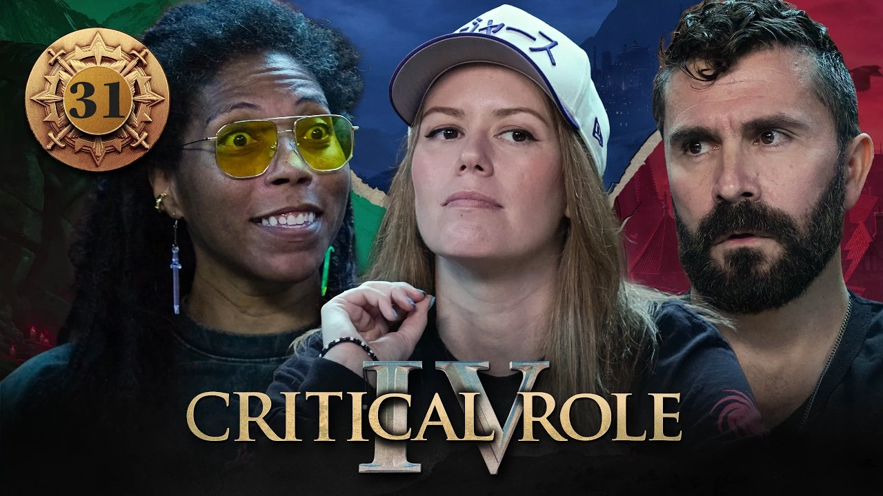 Thumbnail for Critical Role IV episode 31, with a gold emblem around the episode number. A split image having the effect of cracked plaster, with photos of Aabria, Marisha, and Luis from left to right. The photos have had their backgrounds cut out, and behind them from left to right is artwork of a green-tinted stone bearded face, a blue-tinted misty city from a distance, and the red-tinted skyline of Dol-Makjar. Aabria looks surprised, her eyes wide and her mouth in a frightened grin. Marisha looks thoughtful, glancing slightly to the side as if processing information as she takes it in. Luis looks worried, his brows furrowed as he stares forward seriously.