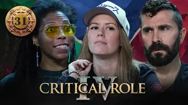 Thumbnail for Critical Role IV episode 31, with a gold emblem around the episode number. A split image having the effect of cracked plaster, with photos of Aabria, Marisha, and Luis from left to right. The photos have had their backgrounds cut out, and behind them from left to right is artwork of a green-tinted stone bearded face, a blue-tinted misty city from a distance, and the red-tinted skyline of Dol-Makjar. Aabria looks surprised, her eyes wide and her mouth in a frightened grin. Marisha looks thoughtful, glancing slightly to the side as if processing information as she takes it in. Luis looks worried, his brows furrowed as he stares forward seriously.