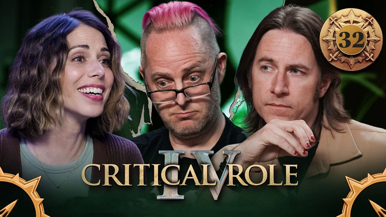 Thumbnail for Critical Role IV episode 32, with a gold emblem around the episode number and compass arrows in the bottom corners. A split image having the effect of cracked plaster, with photos of Laura, Taliesin, and Matt from left to right. Laura smiles hopefully, leaning forward. Taliesin looks perturbed, looking down over his glasses in thought. Matt is thinking calmly, his chin resting on his hand.