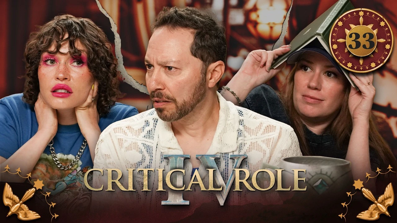Thumbnail for Critical Role IV episode 33, with a red emblem around the episode number and birds in the bottom corners. A split image having the effect of cracked plaster, with photos of Whitney, Sam, and Marisha from left to right. Whitney and Marisha look frightened. Whitney is staring forward, her hands on her neck. Marisha comically places an open notebook over her head as if hiding. Sam looks serious and concerned, his brow furrowed as he leans forward.