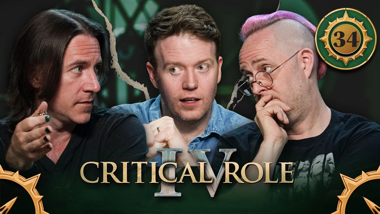 Thumbnail for Critical Role IV episode 34, with a green emblem around the episode number and compass arrows in the bottom corners. A split image having the effect of cracked plaster, with photos of Matt, Brennan, and Taliesin from left to right. Matt stares forward solemnly, holding a d20 in his right hand, ready to roll. Brennan glances to his right while speaking seriously. He would be looking at Matt if the photos weren’t cut out from different points in the episode. Taliesin leans forward, his hand covering his mouth in thought and his eyebrows raised in worry.