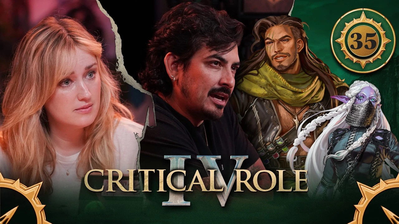Thumbnail for Critical Role IV episode 35, with a green emblem around the episode number and compass arrows in the bottom corners. A split image having the effect of cracked plaster, with photos of Ashley and Robbie, and art of Kattigan and Vaelus on the right. Ashley looks forward, confused but listening intently. Robbie is mid-sentence, his brow furrowed in thought. Kattigan is a tan-skinned muscular human with long brown hair and a short beard. Three scars streak down across the right side of his face over his eye. He wears a dark gray sleeveless vest open down to his naval. A necklace bearing a curved tooth hangs above his hairy chest. A strap across his body carries three corked potion vials, one containing purple liquid, one red, and one green. Vaelus is a purple-skinned elf with long braided white hair reaching to her waist. She wears a chainmail veil covering the lower half of her face and a long-sleeved green leather shirt laced up to her neck. Her purple skin has patterns of oranges, pinks, greens, and blues on the left side of her face.