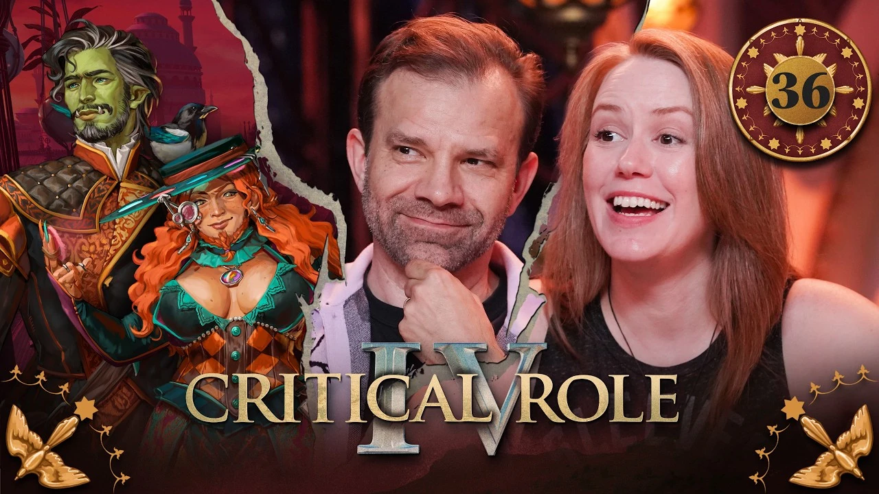 Thumbnail for Critical Role IV episode 36, with a red emblem around the episode number and birds in the bottom corners. A split image having the effect of cracked plaster, with art of Halandil and Murray on the left and photos of Liam and Marisha on the right. Liam smiles mischievously, his hand placed on his chin as if in thought. Marisha laughs in delight, her eyes bright as she leans forward. Halandil is a bright-green-skinned orc with black hair and beard, shot through with streaks of white. He strikes a heroic pose, looking slightly to the side into the middle distance. He wears a regal-looking black coat with orange accents and poofy quilted shoulders. A magpie stands on his left shoulder, its head black and its wings teal. Murray is a white-skinned dwarf with long wavy red hair and a short red beard braided at the tip of her chin. She wears a wide brimmed hat with a silver pendant and two jewler’s lenses dangling off of it. The top of the hat is set with six circular gems of various colors. She holds a disc in her right hand giving off a faint pink mist. Her fingernails are long. A ruffly turquoise choker is around her neck, above a low-cut turquoise top and brown and orange diamond patterned corset. Black leather sleeves run from her upper arms, stopping at her wrists.