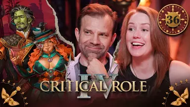 Thumbnail for Critical Role IV episode 36, with a red emblem around the episode number and birds in the bottom corners. A split image having the effect of cracked plaster, with art of Halandil and Murray on the left and photos of Liam and Marisha on the right. Liam smiles mischievously, his hand placed on his chin as if in thought. Marisha laughs in delight, her eyes bright as she leans forward. Halandil is a bright-green-skinned orc with black hair and beard, shot through with streaks of white. He strikes a heroic pose, looking slightly to the side into the middle distance. He wears a regal-looking black coat with orange accents and poofy quilted shoulders. A magpie stands on his left shoulder, its head black and its wings teal. Murray is a white-skinned dwarf with long wavy red hair and a short red beard braided at the tip of her chin. She wears a wide brimmed hat with a silver pendant and two jewler’s lenses dangling off of it. The top of the hat is set with six circular gems of various colors. She holds a disc in her right hand giving off a faint pink mist. Her fingernails are long. A ruffly turquoise choker is around her neck, above a low-cut turquoise top and brown and orange diamond patterned corset. Black leather sleeves run from her upper arms, stopping at her wrists.