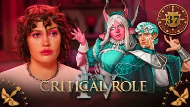 Thumbnail for Critical Role IV episode 37, with a red emblem around the episode number and birds in the bottom corners. A split image having the effect of cracked plaster, with a photo of Whitney on the left and art of Tyranny and Wicander on the right. Whitney looks like she’s been crying. She stares forward blankly, her eyebrows raised in sadness and her mouth expressionless. Tyranny is a bubblegum-pink-skinned demon with white hair and bangs, goat ears protruding to the sides of her head, and horns sticking straight up. She looks directly at the camera, winking and waving her long black-fingertipped hand, revealing one yellow eye. Wicander is a white-skinned human with short light teal hair, almost white. He strikes an action pose, a long silver scepter in his right hand held at his side, and his left hand raised with three fingers extended as if casting a spell.