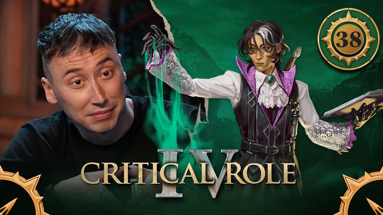 Thumbnail for Critical Role IV episode 38, with a green emblem around the episode number and compass arrows in the bottom corners. A split image having the effect of cracked plaster, with a photo of Alexander on the left and art of Occtis on the right. Alexander is sitting at the table, a look of tired bemusement on his face. His eyes are ringed with exhaustion. Occtis is a tan-skinned human with a gaunt face, bright green eyes, and short black hair with a white streak that curls around his ears. He holds his hand out in front of him, conjuring a sickly green mist from his long fingers.