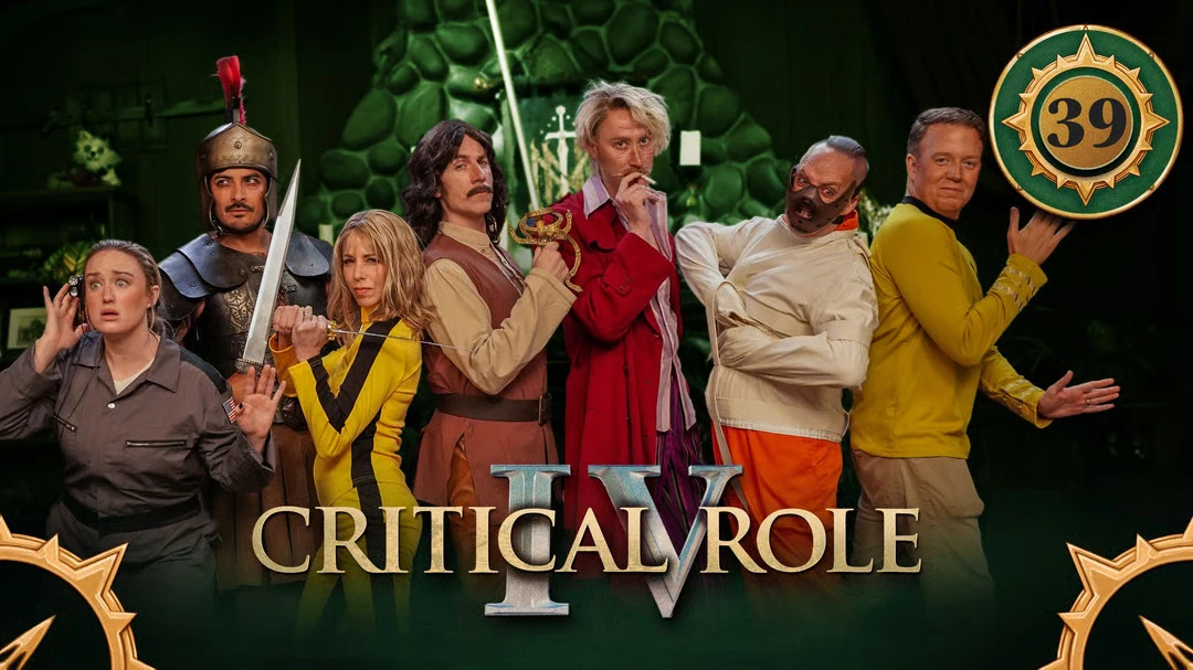 Thumbnail for Critical Role IV episode 39, with a green emblem around the episode number and compass arrows in the bottom corners. The cast of the Seekers table dressed in halloween costumes, posing in a line. Ashley is in an astronaut outfit with a headset, dressed as Ellie Arroway from Contact. Robbie is in a suit of armor and feather plume helmet, dressed as Odysseus from the Odyssey. Laura is in a yellow and black jumpsuit holding a sword, dressed as Beatrix Kiddo from Kill Bill. Matt is in a vest, long hair, and moustache and holds a rapier, dressed as Inigo Montoya from the Princess Bride. Alexander wears a red trenchcoat, smokes a cigarette, and has scars across his face, dressed as Masao Kakihara from Ichi the Killer. Taliesin wears a straightjacket and metal muzzle, dressed as Hannibal Lecter from The Silence of the Lambs. Brennan wears a yellow long-sleeve shirt and khakis and does the robot dance, dressed as Captain Kirk from Star Trek.