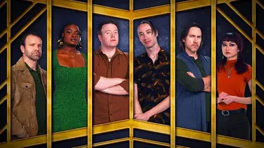 Thumbnail showing Liam, Celia Rose Gooding, Brennan Lee Mulligan, Alexander Ward, Matt, and Jasmine Don. Each is framed in a section of Art Deco golden latticework over a mottled blue background. They look towards the viewer with serious expressions on their faces. Liam wears a brown leather jacket over a green shirt, Celia wears a green dress, Brennan wears a brown button-up, Alexander wears a moth-patterned button-up, Matt wears a blue vest over a green shirt, and Jasmine wears an orange short-sleeve shirt and necklace.