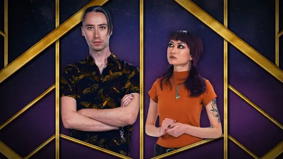 Thumbnail showing Alexander Ward and Jasmine Don standing side-by-side. Each is framed in a section of Art Deco golden latticework over a mottled blue background. Alexander wears a black short-sleeve button-up with drawings of moths on it. He crosses his arms and stares at the viewer. Jasmine wears an orange short-sleeve shirt and a silver chain necklace with three dangling hearts. She clasps her hands and looks up pensively at Alexander.