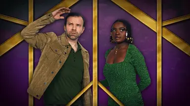 Thumbnail showing Liam and Celia Rose Gooding standing side-by-side. Each is framed in a section of Art Deco golden latticework over a mottled blue background. Liam wears a brown leather jacket over a green shirt. He raises his hand above his eyes and squints as if looking at something far away. Celia wears a textured green dress and beads in her hair. She stands with her left hand behind her back, looking nervously out of the corner of her eyes.