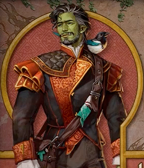 Character card for Halandil. A bright-green-skinned orc with black hair and beard, shot through with streaks of white. He strikes a heroic pose, looking slightly to the side into the middle distance. He wears a regal-looking black coat with orange accents and poofy quilted shoulders. A magpie stands on his left shoulder, its head black and its wings teal. A brown leather messenger bag hangs across his body with a teal hankerchief tied to the strap and a teal leaf emerging from the bag itself.