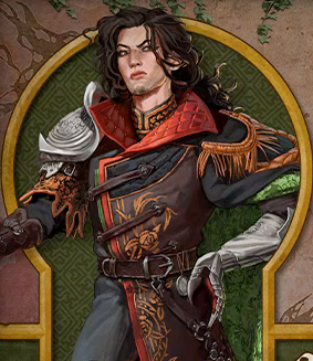 Character card for Julien. A white-skinned human with long wavy dark brown hair and a scornful expression on his face. He wears a long brown leather coat with red accents along the edge and quilted collar and gold floral patterns down the front, tied at the waist with a leather belt. A large silver pauldron is on his right shoulder, a tasseled gold epaulette is on his left shoulder, and an enormous silver gauntlet covers his left forearm and hand which rests on his hip.