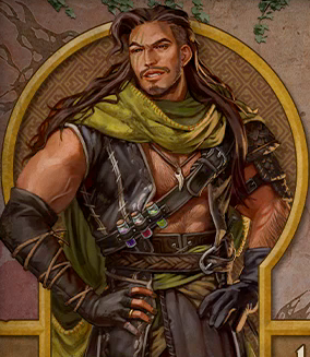 Character card for Kattigan. A tan-skinned muscular human with long brown hair draping over his shoulders and a short beard. He grins mischievously, hands placed on hips in a heroic pose. Three scars streak down across the right side of his face over his eye. He wears a dark gray sleeveless vest open in the front. Dark gray wraps cover his hands and forearms. A necklace bearing a curved tooth hangs above his hairy chest. A strap across his body carries three corked potion vials, one containing purple liquid, one red, and one green.