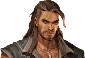 Kattigan from the shoulders up. A tan-skinned muscular human with long brown hair reaching his chest and a short beard. Three scars streak down across the right side of his face. He wears a dark gray open sleeveless vest. A necklace bearing a curved tooth hangs above his hairy chest. He looks at the viewer, dark and brooding.
