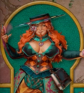 Character card for Murray. A white-skinned dwarf with long wavy red hair and a short red beard braided at the tip of her chin. She wears a wide brimmed hat with a silver pendant and two jewler’s lenses dangling off of it. The top of the hat is set with six circular gems of various colors. She holds a disc in her right hand giving off a faint pink mist. Her fingernails are long. A ruffly turquoise choker is around her neck, above a low-cut turquoise top and brown and orange diamond patterned corset. Black leather sleeves run from her upper arms, stopping at her wrists. A turquoise and purple fabric similar to a rug hangs around her waist underneath a thick book bound by leather straps.
