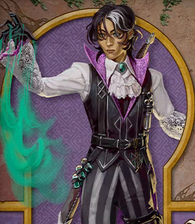 Character card for Occtis. A tan-skinned human with a gaunt face, bright green eyes, and short black hair with a white streak that curls around his ears. He holds his hand out in front of him, conjuring a sickly green mist from his long fingers. He wears a black sleeveless jacket with a high purple collar, a large white ascot, and black leather gloves. The white sleeves of a shirt emerge from the jacket, ending in a lacy fabric over the forearms. A long sheathed sword hangs on his back. At his waist are three corked potion vials containing green liquid.