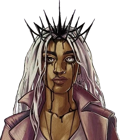 Opal from the chest up. A
          brown-skinned woman with long white hair and a spikey crown digging in
          to the top of her head. Black ooze drips from where the crown pierces
          her past her eyes (one light one dark) and down her chest. She wears a
          pale pink jacket with a flared collar over a lavender V-neck top and
          stares blankly forward.