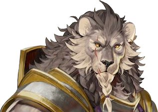 Teor from the shoulders up. A muscular lionfolk with gray and white fur. His mane is braided like a beard, held together with purple ties. A red scar runs down past his right yellow eye and mouth. He wears gold-trimmed plate armor over his chest. He stares sternly directly at the viewer.