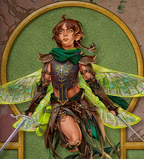Character card for Thimble. A white-skinned pixie with brown hair in a pixie cut and four large, iridescent, dragonfly-like wings sprouting from her back. She strikes an action pose, mid-flight, looking dramatically forward. She wears an iridescent armored crop top, a knit green scarf, and a green skirt under a number of leather belts at her waist. She wields a silver needle in her left hand and a silver sword in her right, both held heroically out to the side. A lime green button hangs at her waist. Brown leather bracers cover her forearms and brown bark-like pauldrons jut off her shoulders.