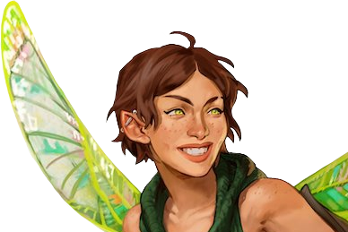 Thimble from the shoulders up. A white-skinned pixie with brown hair in a pixie cut and four large, iridescent, dragonfly-like wings sprouting from her back. She wears a knit green sleeveless crop top. A metal rod pierces her right ear. She strikes an action pose, mid-flight.