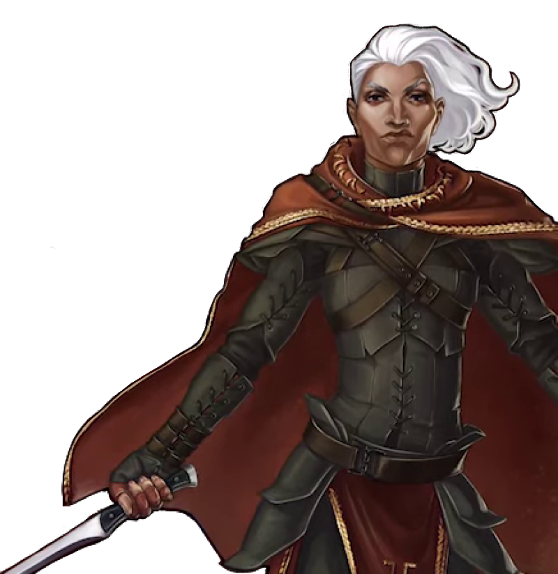 Otohan, a woman
      with stark white hair flowing in the breeze and a stern expression with
      pursed lips. She wears tight-fitting armor made of many pieces of laced
      black leather and a red cape with gold trim. In her right hand is a thin
      blade, held out down and to her side.