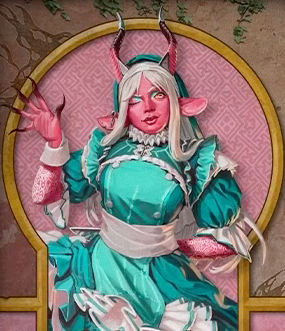 Character card for Tyranny. A bubblegum-pink-skinned demon with white hair and bangs, goat ears protruding to the sides of her head, and horns sticking straight up. The horns twist slightly, shifting from pink to black as they go up, eventually ending in silver capped tips. She looks directly at the camera, winking and waving her long black-fingertipped hand, revealing one yellow eye. She wears a teal dress with white ruffly edges, a coif covering her head, and an apron tied at the waist. Her forearms are covered in complex white floral patterns, like tattoos. A piercing resembling a silver arrow runs through her right ear.