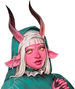 Tyranny from the shoulders up. A bubblegum-pink-skinned demon with white hair and bangs, goat ears protruding to the sides of her head, and horns sticking straight up. The horns twist slightly, shifting from pink to black as they go up. She wears a teal dress with white ruffly edges. The dress has an image of the sun on the right shoulder. A piercing resembling a silver arrow runs through her right ear. She clasps her hands together in prayer, black fingertips visible, and looks into the distance with her yellow eyes.