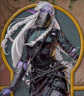 Character card for Vaelus. A purple-skinned elf with long straight white hair reaching past her waist. Two long locks of the hair are braided with metal pins placed into them, swinging to the side as she moves gracefully. She wears a chainmail veil covering the lower half of her face and a short-sleeved green leather shirt laced up to her neck. She stretches chains between her hands. The chains also loop through rings attached around her waist and across her left shoulder. Her purple skin has patterns of oranges, pinks, greens, and blues on the left side of her face and on her left arm. Chainmail covers her forearms.