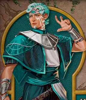 Character card for Wicander. A white-skinned human with short light teal hair, almost white. He strikes an action pose, his left hand raised with three fingers extended as if casting a spell. He wears ornate aristocratic garb, a teal tunic with a wide white sash and a thick white metal collar draping across his shoulders and upper chest. A circlet sits on his forehead, bearing a turquoise gem with silver sun rays emanating from it. His wide teal belt bears an image of the sun, as do his shoulders. A silver bracer is on his right arm. There are white sun-ray-like lines under his left eye and a silver cap on his chin.