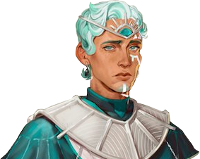 Wicander from the shoulders up. A white-skinned human with short light teal hair, almost white. He wears ornate aristocratic garb, a teal tunic with a thick white metal collar draping across his shoulders and upper chest. A circlet sits on his forehead, bearing a turquoise gem with silver sun rays emanating from it. There are white lines under his left eye and a silver cap on his chin. He looks at the viewer sadly.